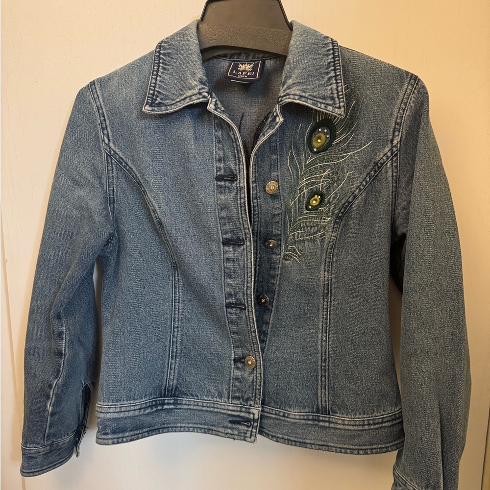 Lafei Nier Denim Embroidered Peacock Feather Jean Jacket - Blue